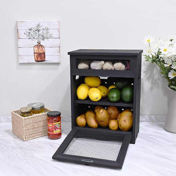 Ikee Design Free Assemble Wooden Countertop Potato and Onion Storage Bin Box, Countertop Cabinet, Wooden Bread Boxes, Potato Storage, Coffee Station,11.8W x 6.8D x 16H in, Black Color