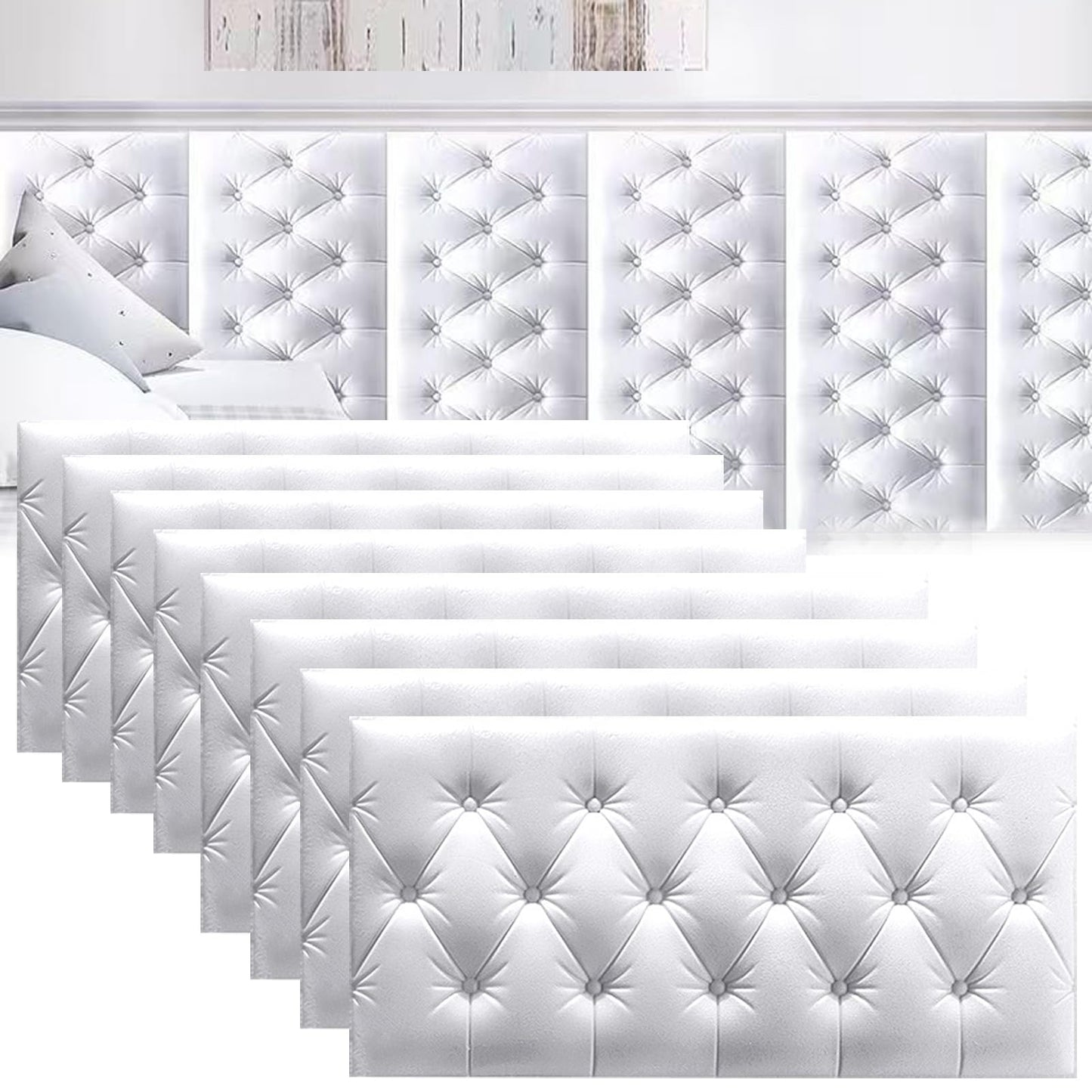 DHIJUPNG 3D Anti Collision Wall Padding for Bedroom, Peel and Stick Headboard Padded Wall Cushion Upholstered Self-Adhesive Wall Panels Playroom Decorative Protection Panel White 8 Pack（11.8"x23.6"）