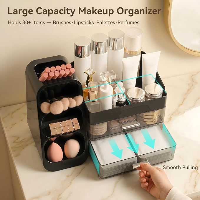Brothersbox Makeup Organizer with Brush Holder for Vanity, Large Countertop Skincare Storage with 2 Drawers, Holds Lipsticks, Nail Polishes, Perfumes, Brushes - Gift for Women, Black