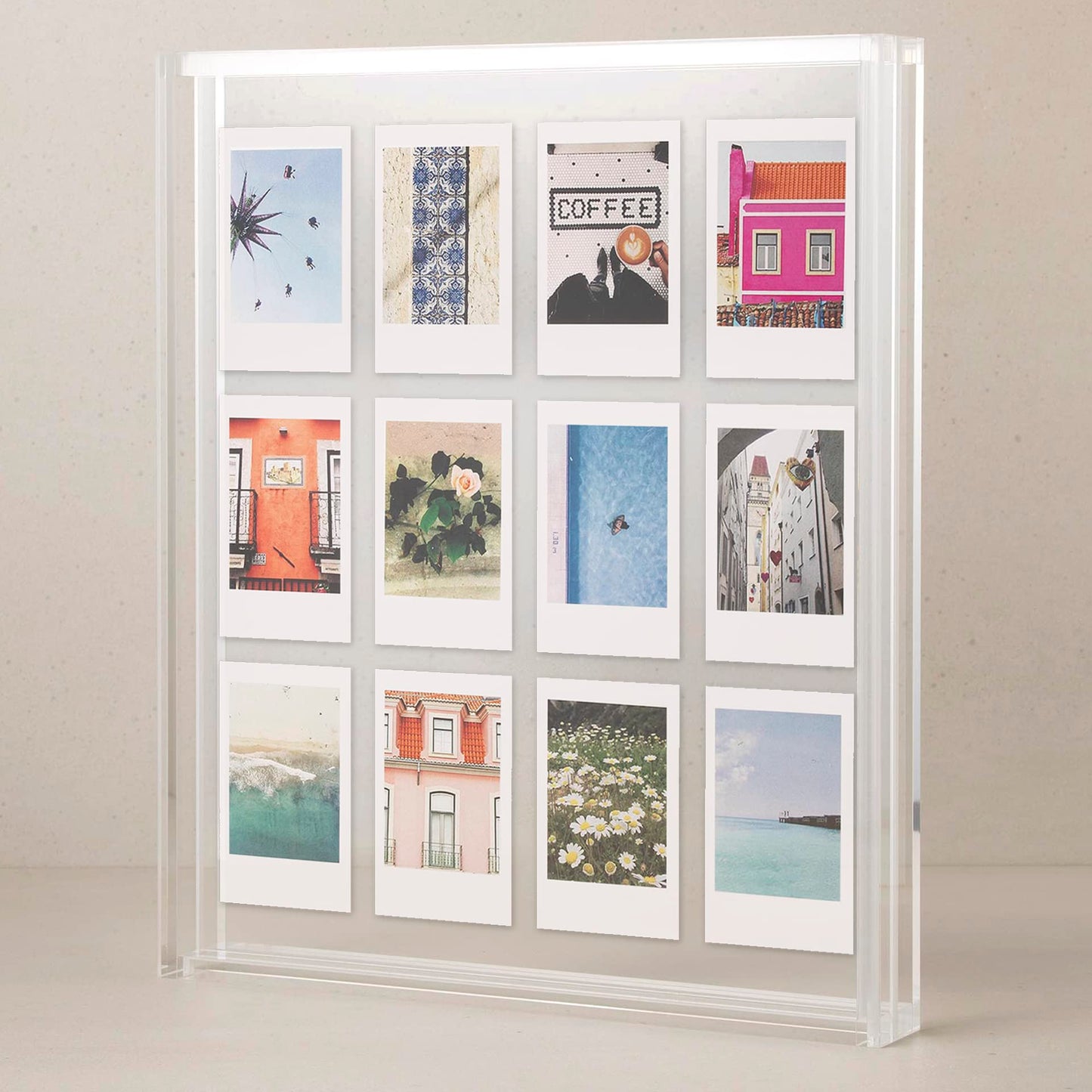 Elil Polaroid & Fujifilm Instax Frame – Clear Acrylic Floating Picture Frame 11.8" x 10.2" Holds 8x10 Photo or 12 Instax Mini Polaroid Go Prints Double-Sided Collage Display for Wedding & Graduation