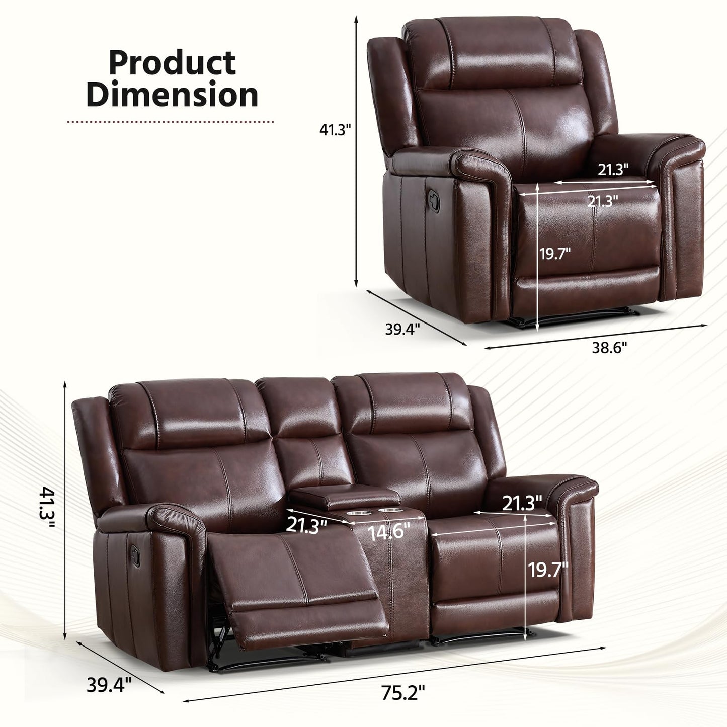ANJ Premium Genuine Manual Reclining Sofa Set, Included Single Recliner Chair and Loveseat 2-Seater Couch Set of 2 with Hidden Storage& Cup Holders, 3-Piece Living Room Furniture Set, Rust Brown