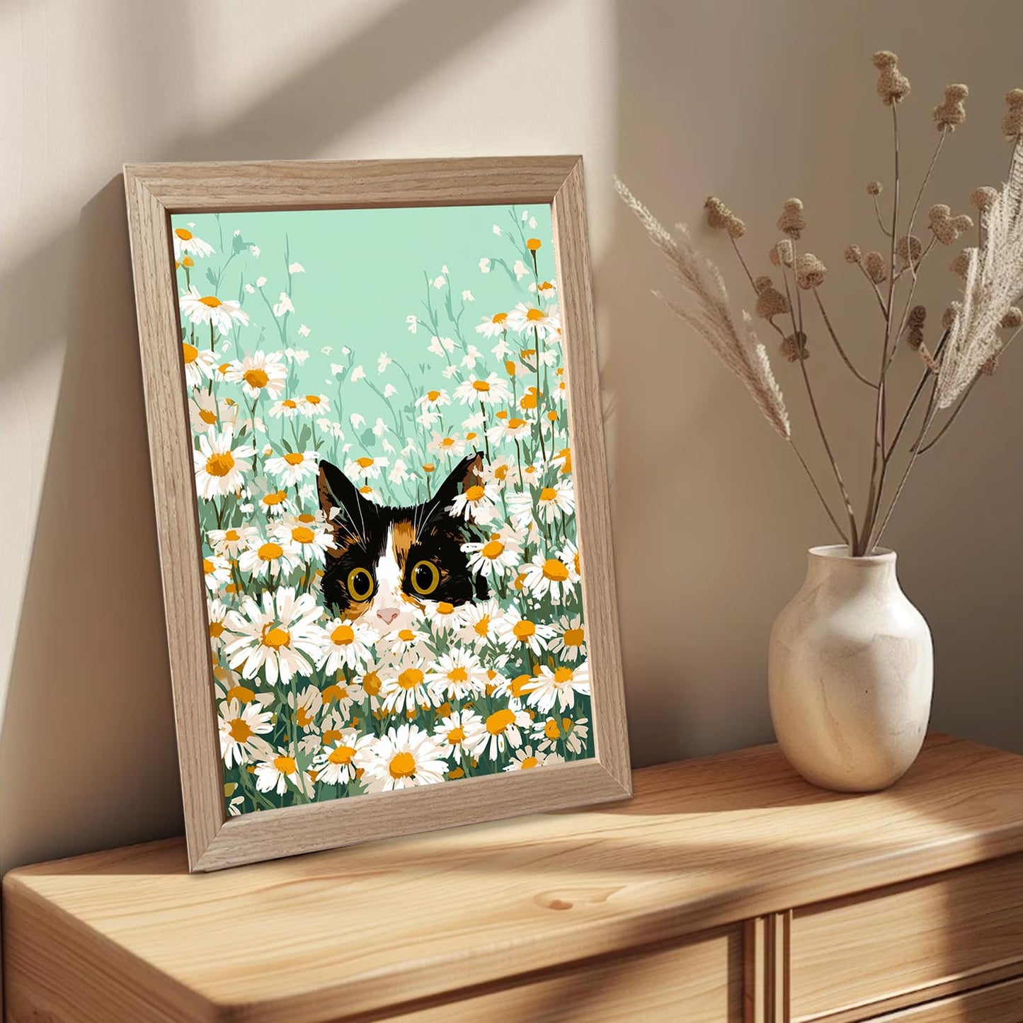 Cat Wall Decor Framed Cute Calico Cat Daisy Wall Art Flower Print Poster Whimsical Pet In White Floral Kitten Decor For Bedroom Nursery