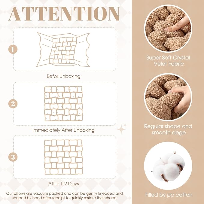 Wenqik 2 Pcs Knot Pillows Square Knotted Plush Throws Soft Accent Pillows Decoration Cushion for Couch Home Office Living Room Bedroom Bed Sofa Decor, 12'' x 13''(Khaki,Lambswool)
