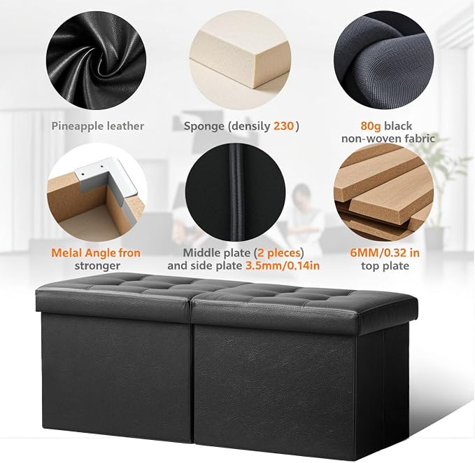 AmasSmile Footrest Ottoman Bench with Storage,34Inch Black Leather Footstool, Coffee Table, Padded Seat, Storage Chest,Blanket Store with Flipping Lid for Livingroom and Bedroom