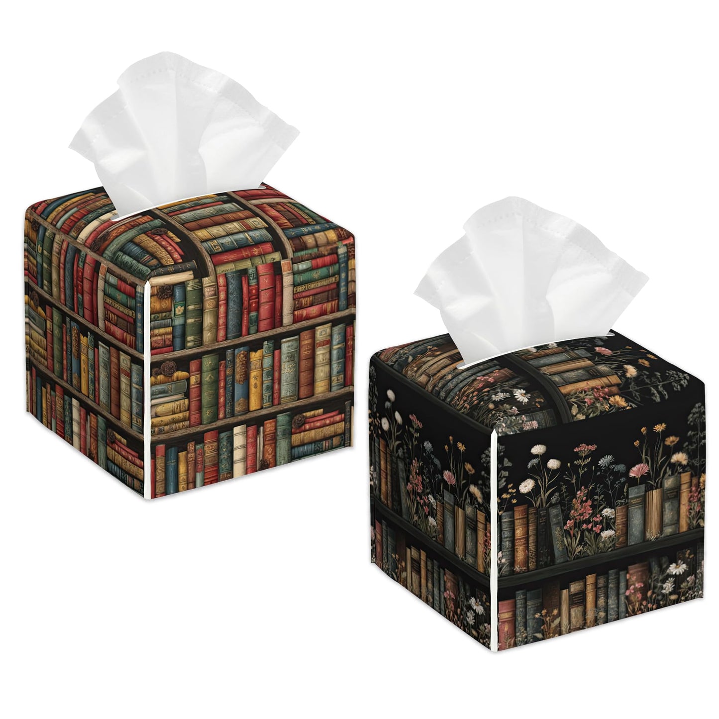 2 Pcs Floral Bookshelf Tissue Box Cover Leather Tissue Box Holder Square Facial Paper Organizer Dispenser for Bedroom Dresser Night Stand Office Desk