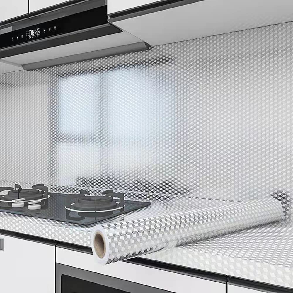 Waterproof & Oil-Resistant Aluminum Foil Peel & Stick Wallpaper - Silver Self-Adhesive Backsplash for Countertops, Cabinets, DIY Projects (Silver Chequer, 15.7"x394")