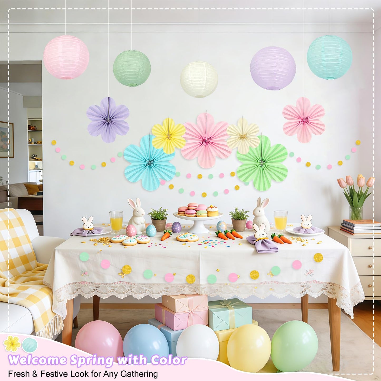 Spring Hanging Decorations - 20Pcs Pastel Party Decorations | Paper Lanterns & Flower Fans Set with Glitter Garland for Pastel Classroom Decor, Office, Baby Shower, Wedding & Easter Wall Decor