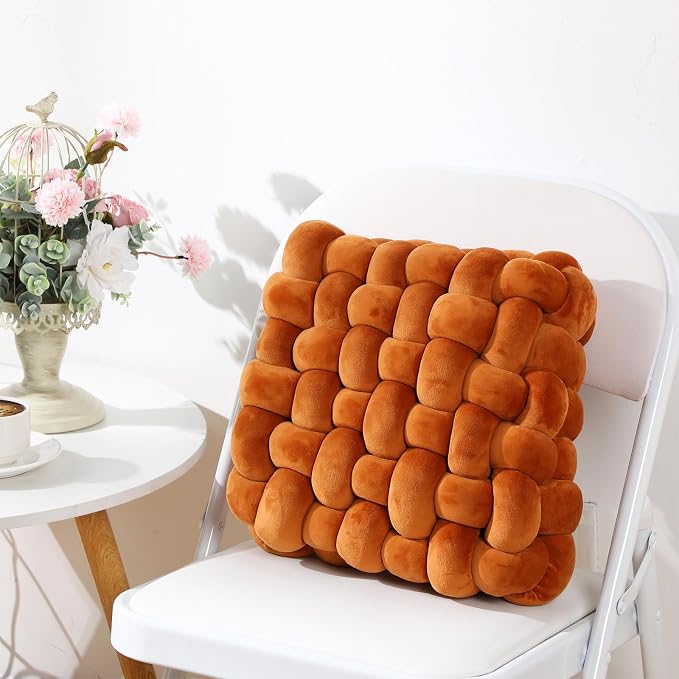 Wenqik 2 Pcs Knot Pillows Square Knotted Plush Throws Soft Accent Pillows Decoration Cushion for Couch Home Office Living Room Bedroom Bed Sofa Decor, 12'' x 13''(Caramel,Crystal Velvet)