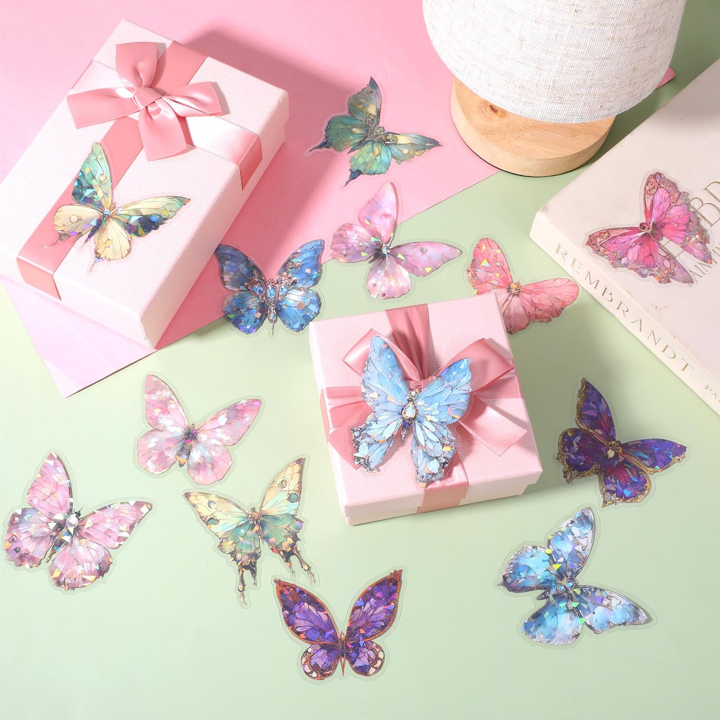 80PCS Holographic Glitter Butterfly Stickers Transparent Pretty Shiny Butterfly Decals Waterproof Transparent PET Decals for Scrapbooking Journaling Planners Phone Water Bottle DIY Crafts
