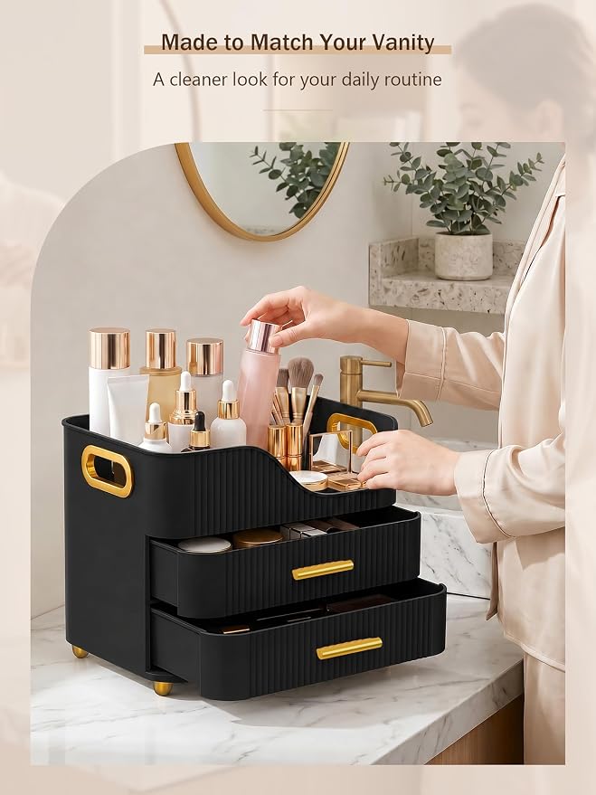 Booklov Countertop Makeup Organizer with Drawers, 3 Tier Large Cosmetic Storage Box for Vanity, Bathroom Counter, Dresser, Skincare Display Case for Lipsticks, Beauty Palettes, Teen Girl Gifts, Black