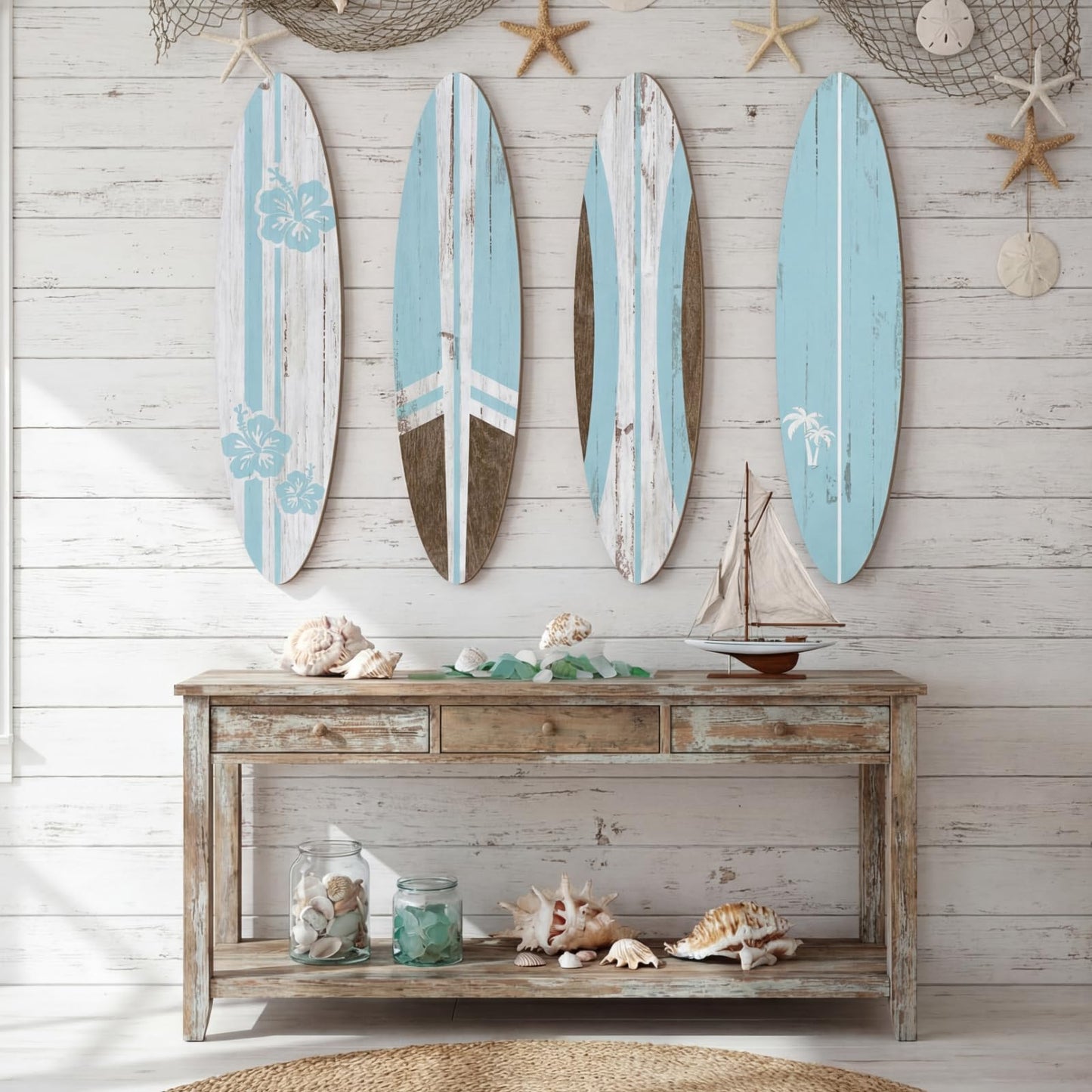 Threan 4 Pcs Large Surfboard Wall Decors Girls Boys Wooden Beach Room Decor 23.6" x 5.4" Preppy Surf Board Hanging Signs Aesthetic Tropical Wall Art for Bedroom Living Room Bathroom Decors(Blue)