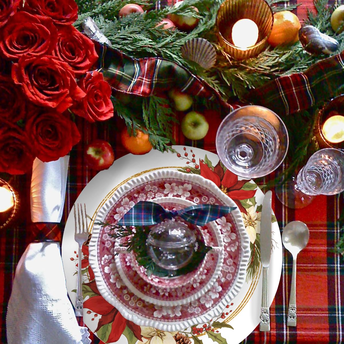 50 Pack Christmas Paper Placemats 13.7 Inch Xmas Poinsettia Disposable Round Place Mats Winter Red Green Table Mats for Holiday Christmas New Years Party Home Dinner Table Setting