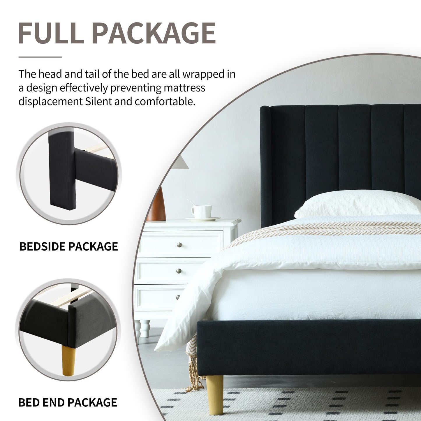 YUHUASHI upholstered Platform Bed Frame/Full Bed Frame/Modern Geometric Double-Wing Design headboard/Linen Fabric/Easy to Assemble no Noise (Black, Full)