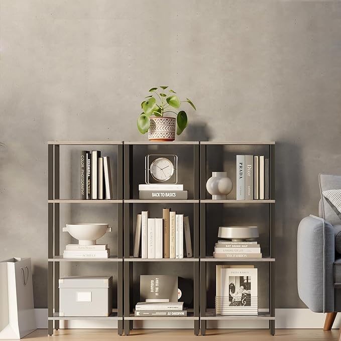 TUTOTAK Bookshelf, 4-Tier Tall Book Shelf, Narrow Bookcase for Small Space, DIY Stackable Bookshelf, for Living Room, Office, Study, Entryway, Industrial, Greige and Black BS01BG004