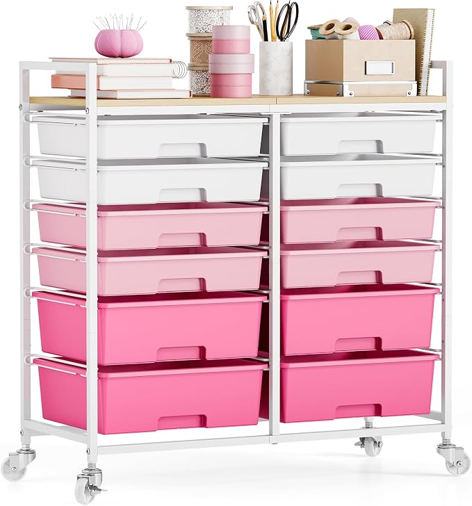 Rolling Storage Cart with 12 Drawers, Wooden Tabletop Utility Cart for Craft Storage, Art Supply Storage & Home Office Organization, Teacher Cart with Wheels for Classroom Organization, School