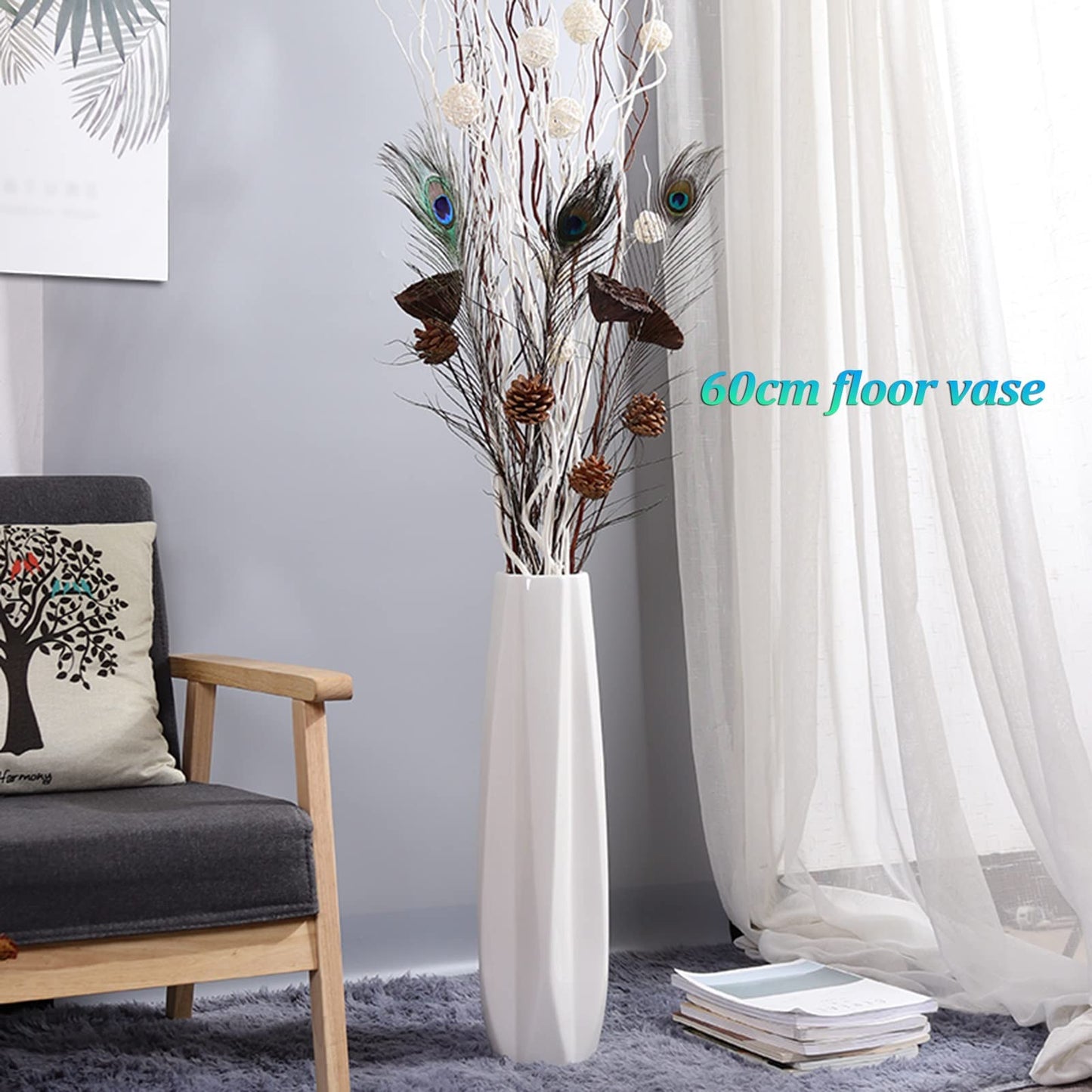 FKTHYO Floor vase Accessories Large Floor Vase,White Ceramic Vase,Handcrafted,Sophisticated Vessel for Decorative Branches and Dried Flowers (White 61cm)