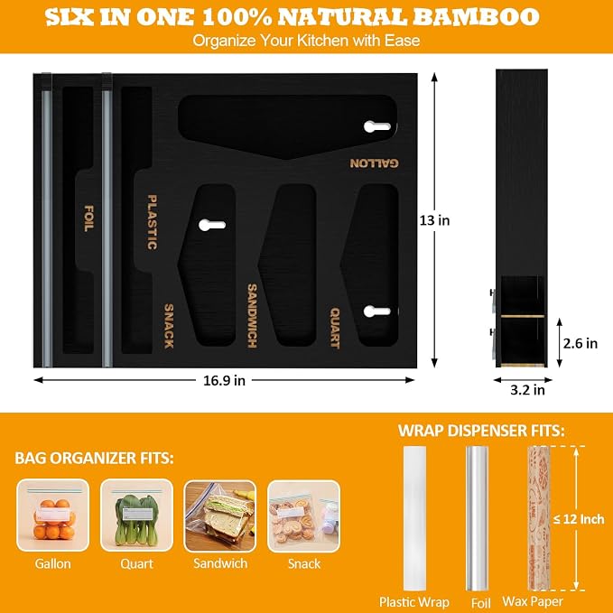 DALSHABET Bamboo Bag Organizer with Magnetic Closure, 6 In 1 Kitchen Drawer Foil and Plastic Wrap Dispenser with Cutter, Storage bag for Gallon, Quart, Sandwich, Snack Black