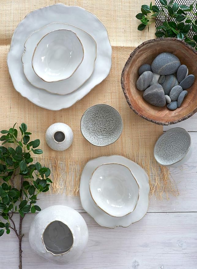 Serene Spaces Living Large Free-Form Edge Glazed Ceramic Bowl, Centerpiece for Vintage Weddings, Events, Measures 6" Long, 5.5" Wide, 2.75" Tall, Pack of 4