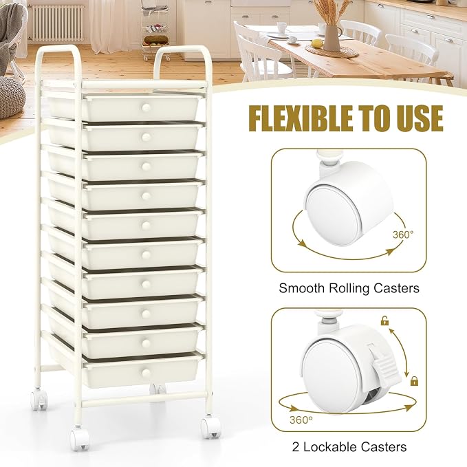 MEDIMALL 10 Drawers Rolling Storage Cart, Multipurpose Craft Storage Cart with Wheels, Mobile Tools Scrapbook Paper Organizer Cart for Office School Home Use