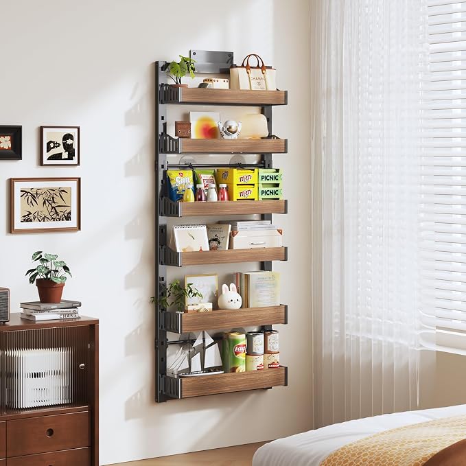 6-Tier Over The Door Pantry Organizer, Heavy-Duty Metal Wall Mount or Hanging Spice Rack, behind the door storage Shelves with Adjustable Basket, Back of Door Organizer for Kitchen Cabinet and Closet