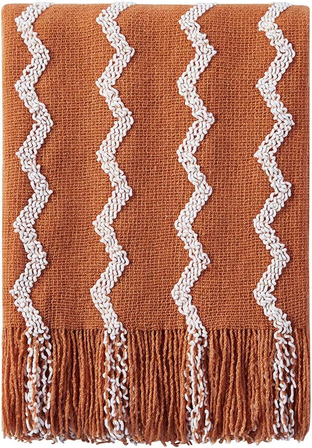 BOURINA Fluffy Chenille Knitted Fringe Throw Blanket Lightweight Soft Cozy for Bed Sofa Chair Throw Blankets, Orange 60"x80"