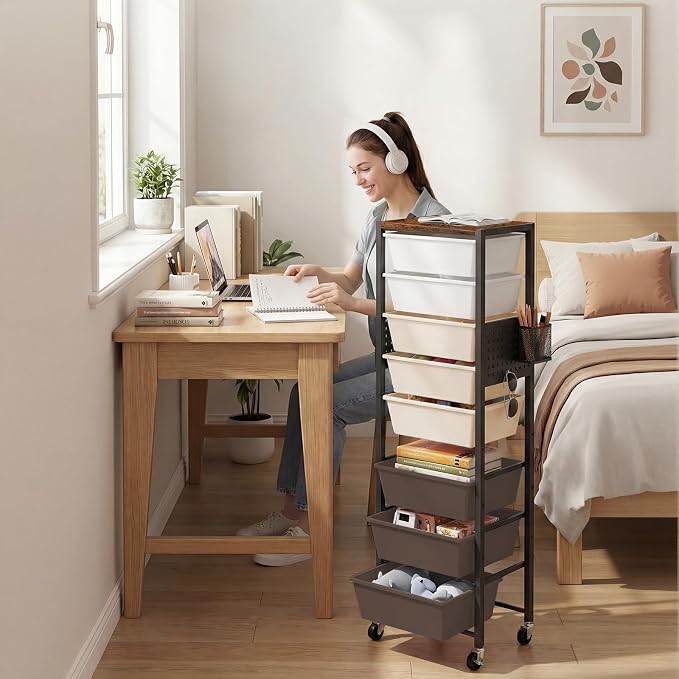 Rolling Cart with Drawers, Rolling Storage Cart with Large Plastic Drawers & Wooden Tabletop, Utility Cart with Pegboards & Basket, Storage Drawers Cart for Living Room, Classroom, Bedroom, Office