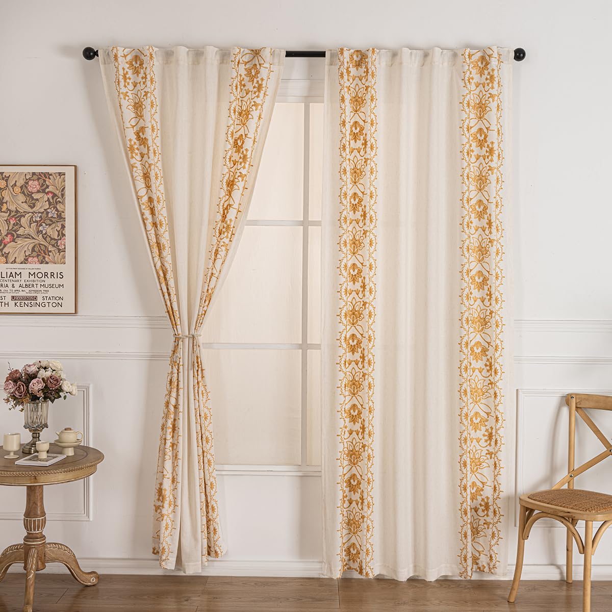 Tootop Bohemian Curtains Linen Gauze Embroidered Curtains Bohemian Floral Beige Farmhouse Living Room Decor Rustic Semi-Blackout Curtains Tieback Pocket or Folded Edge 2 Panel 84 Inch Gold