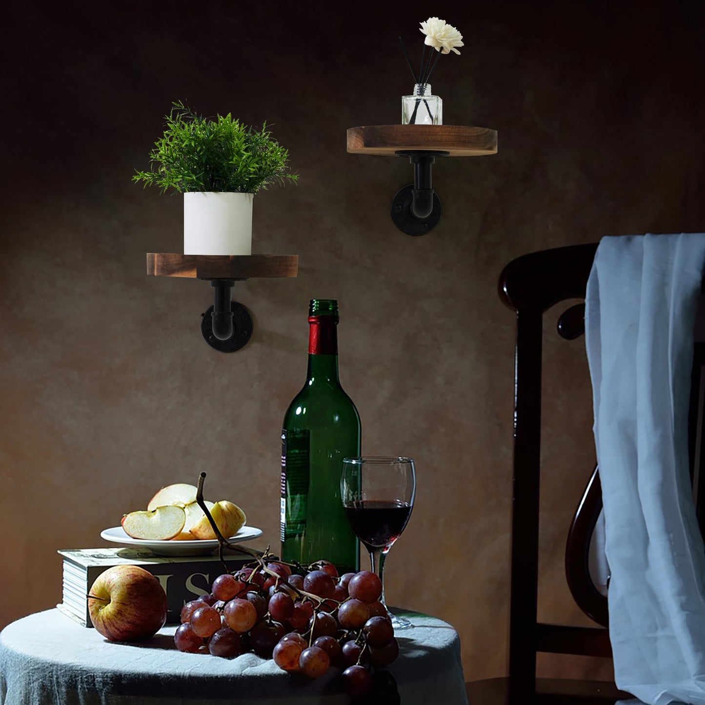 Un-OPENED BOX Round Wooden Floating Shelves Wall Mounted (Set of 2). Made of Acacia Wood. Industrial Pipe Brackets. A Unique Rustic Pedestal for Plants and Ornaments. Diameter 7.1 inches.