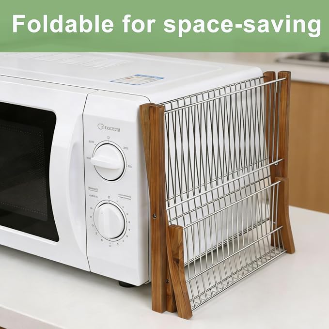HTB Dish Drying Rack 2 Tier,Collapsible Stainless Steel & Teak Wood Dish Drying Rack,Foldable Dish Drainer for Plates,Cups,Kitchen Counter,Home,Apartment
