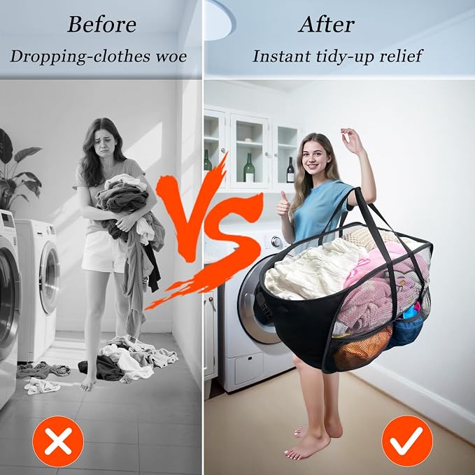 Upgraded Cationic XL Collapsible Laundry Baskets, 100L Extra Large Mesh Pop Up Hamper with Handles and bag, Portable Stair Basket, Dirty Clothes Hamper for Cruise Travel Bedroom. Black