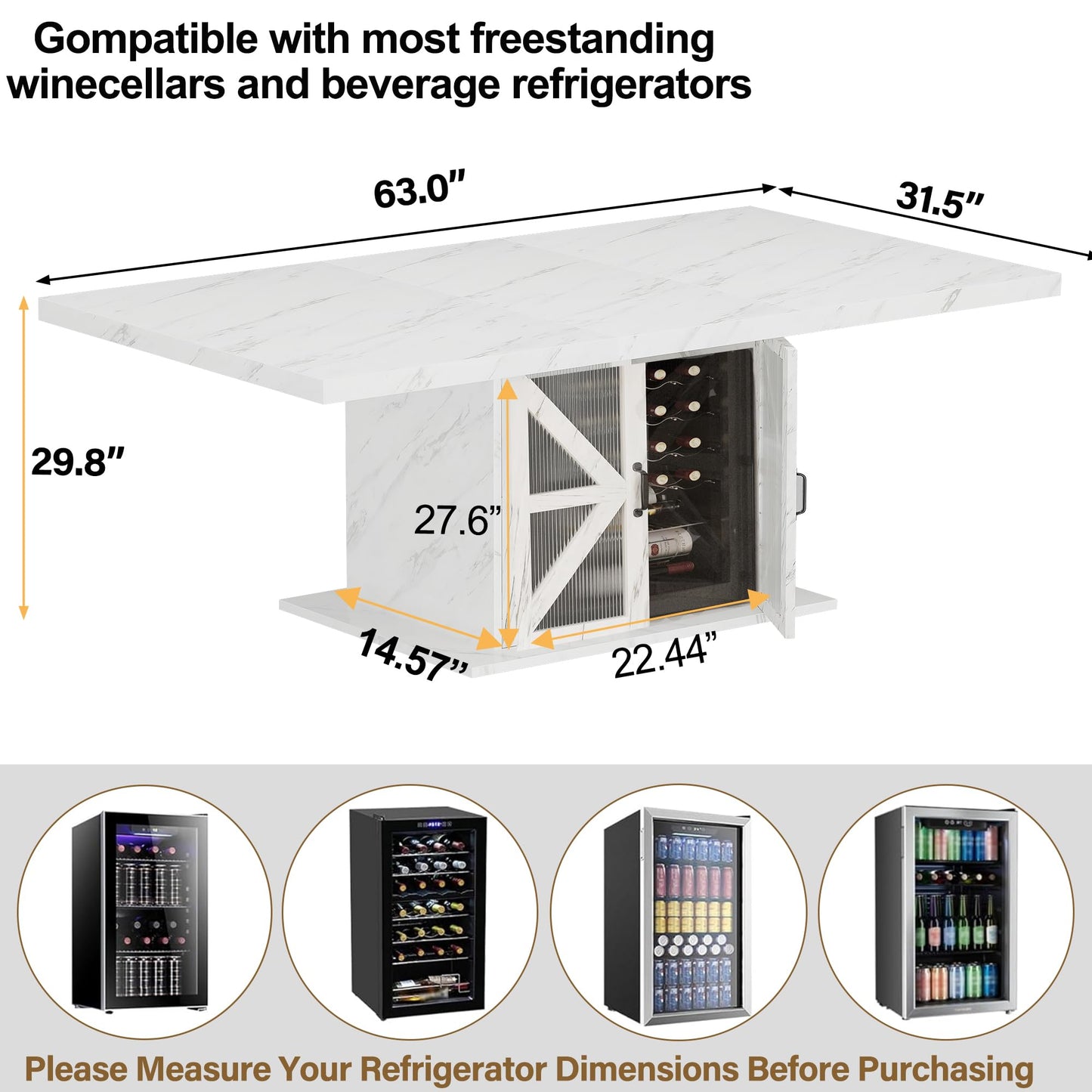 LVB Modern Dining Table for 4 to 6, White Rectangle Kitchen Table with Storage, Wooden Pedestal Dining Room Table with Fridge Space, Large Dinner Tables for Home,Living Room,White Faux Marble, 63 Inch
