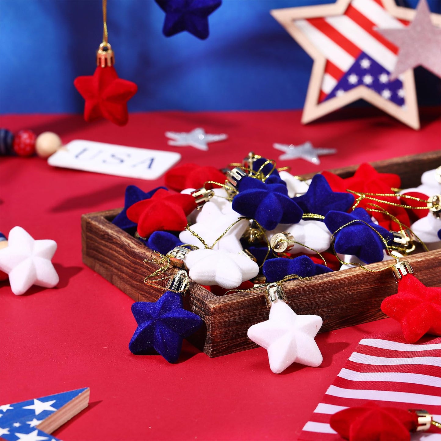 PullCrease 36 Pcs Patriotic Velvet Star Ornaments 1.18 Inch 4th of July Independence Day Tree Decorations Red White Blue Mini Fuzzy Patriotic Ornaments Hanging Stars Memorial Day 250th Anniversary