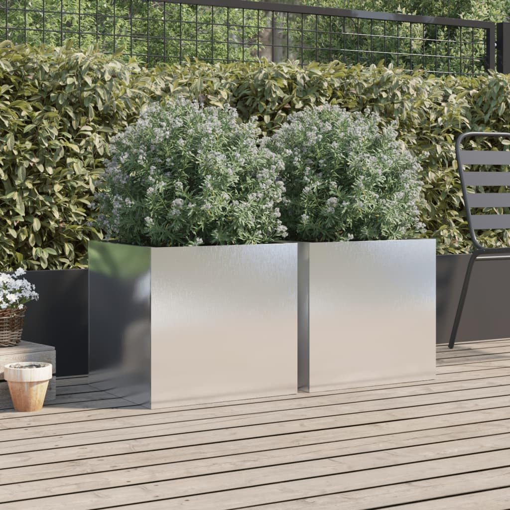 hliofuir Rectangular Stainless Steel Planter Set of 2 Silver Large 19.3x18.5x18.1 in Polished Indoor Outdoor Raised Garden Bed Box for Balcony Patio Living Room
