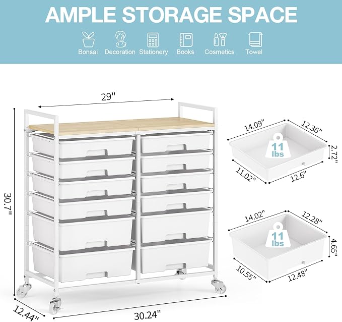 Rolling Storage Cart with 12 Drawers, Wooden Tabletop Utility Cart for Craft Storage, Art Supply Storage & Home Office Organization, Teacher Cart with Wheels for Classroom, School (White)