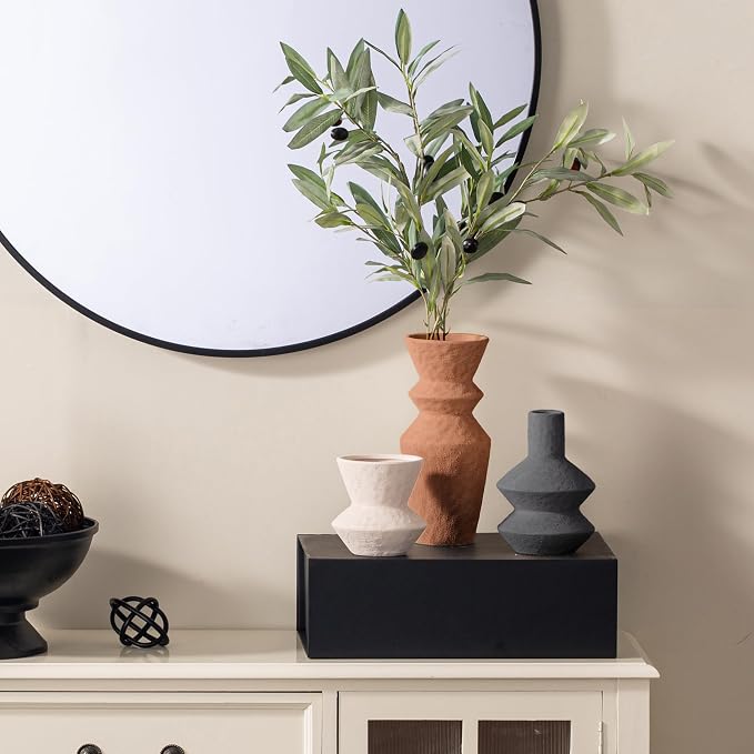 Ceramic Vase Home Table Decor - Flower Vase Set of 3 Living Room Kitchen Decorations Farmhouse Modern Rustic Vases Decorative Centerpiece for Shelf Bedroom Office Bathroom Dining Coffee Desk