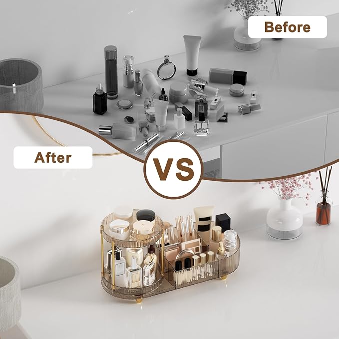 Makeup Organizer Countertop with 360 Rotating Perfume Trays, 7-Divider Vanity Skincare Organizers, Make Up Desk Organization and Storage with Cosmetic Brush Holder for Bedroom Bathroom Counter