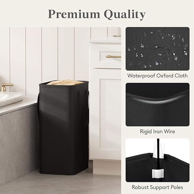 Lifewit Slim Laundry Hamper, Narrow Small Laundry Basket with Handle for Dirty Clothes, Collapsible Tall Thin Laundry Bin for Bathroom Bedroom Dorm College, 50L, Black