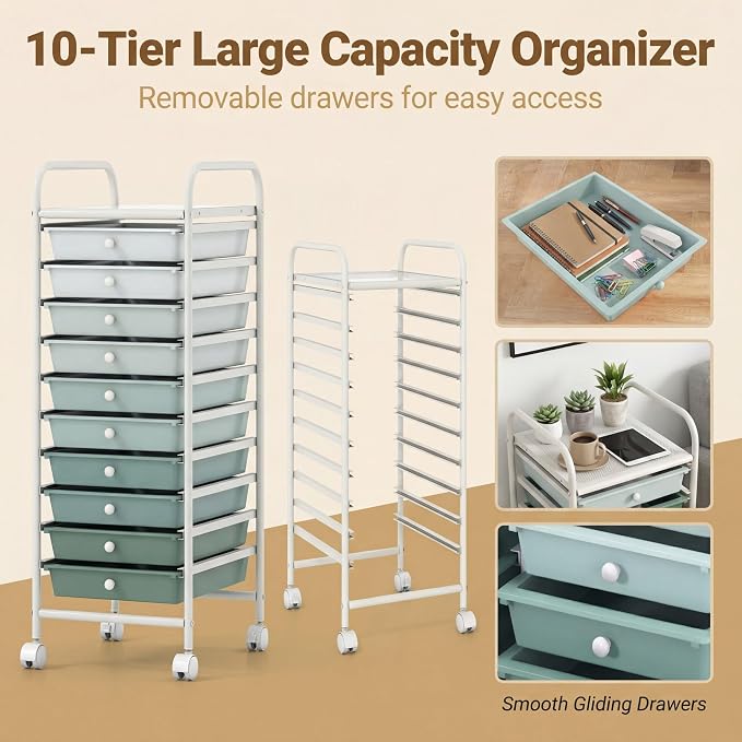COSTWAY 10-Drawer Rolling Storage Cart, Utility Mobile Trolley with Removable Drawers & Universal Casters & 2 Brakes (Green Gradient,13"L x 15"W x 34"H (10 Drawer))