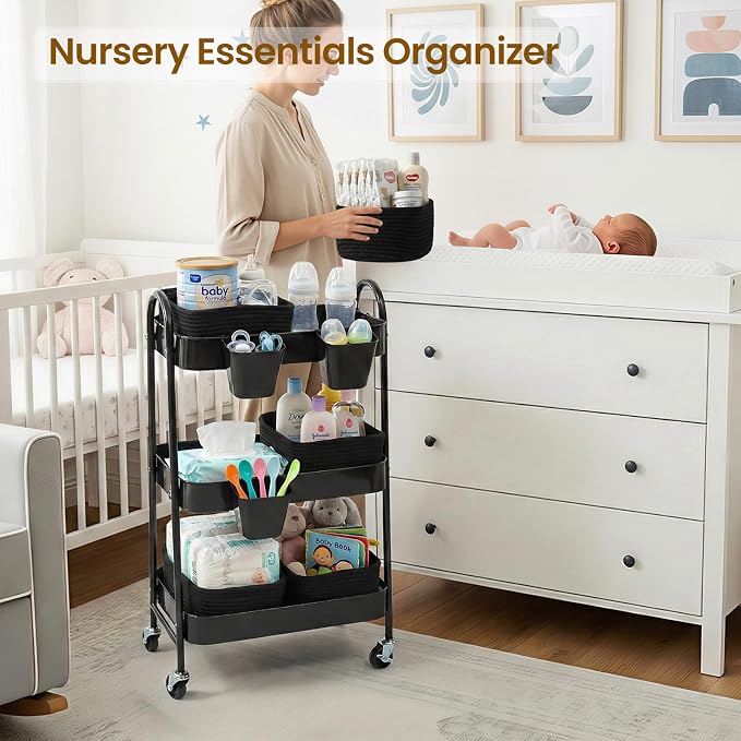 3-Tier Rolling Utility Cart with 4 Woven Baskets, Diaper Book Snack Cart, Storage Organizer for Nursery, Kitchen, Craft Room, Home SPA, Living Room, Metal Frame Trolley on Lockable Wheels, Black