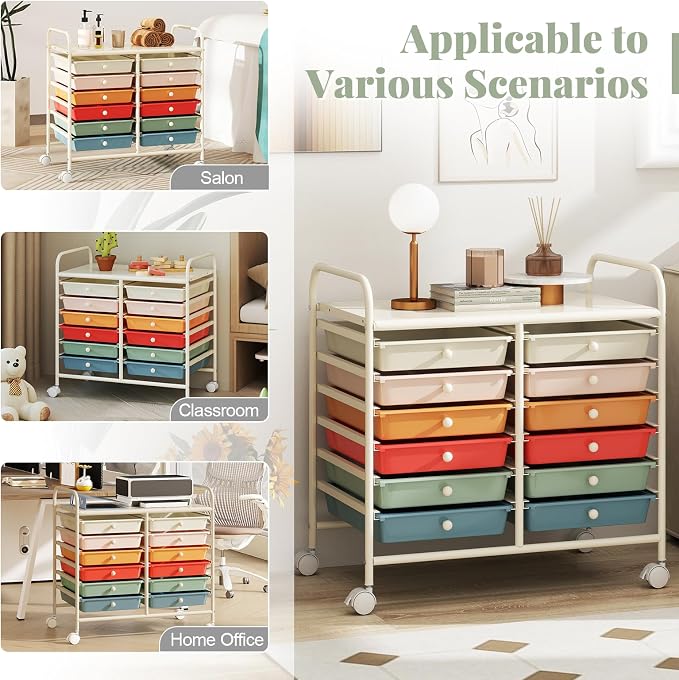 COSTWAY 12-Drawer Rolling Storage Cart, Utility Storage Organizer Cart for Tools, Scrapbook, Paper, Craft, Multipurpose Art Supply Organizer on Wheels for Home Office School, Teacher, Macaron