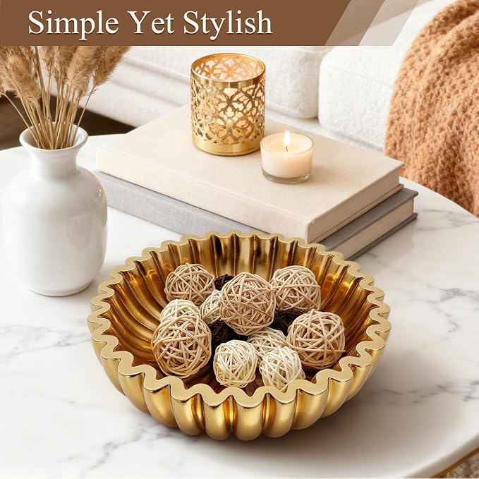 Large Modern Ruffle Bowls, Artificial Stone Decorative Catch All Bowl for Kitchen Counter and Entryway Table, Handcrafted Fruit Bowls and Key Bowl for Home Decor(Golden)