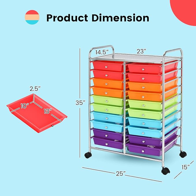 COSTWAY 20-Drawer Rolling Storage Cart, Utility Storage Organizer Cart for Tools, Scrapbook, Paper, Craft, Multipurpose Storage Trolley on Wheels for Home Office School (Multicolor)