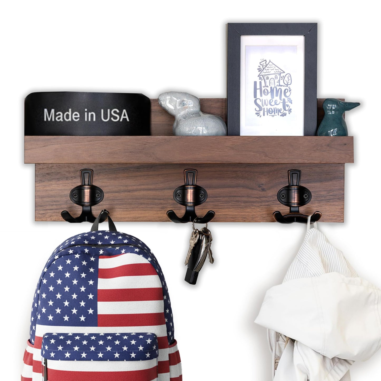 Straga Handmade Entryway Organizer–Wall-Mounted Shelf with 3 or 4 Sturdy Hooks for Coats, Bags, Keys & Umbrellas – Mudroom, Hallway, Bathroom, Modern-Traditional Design – Made in USA 10
