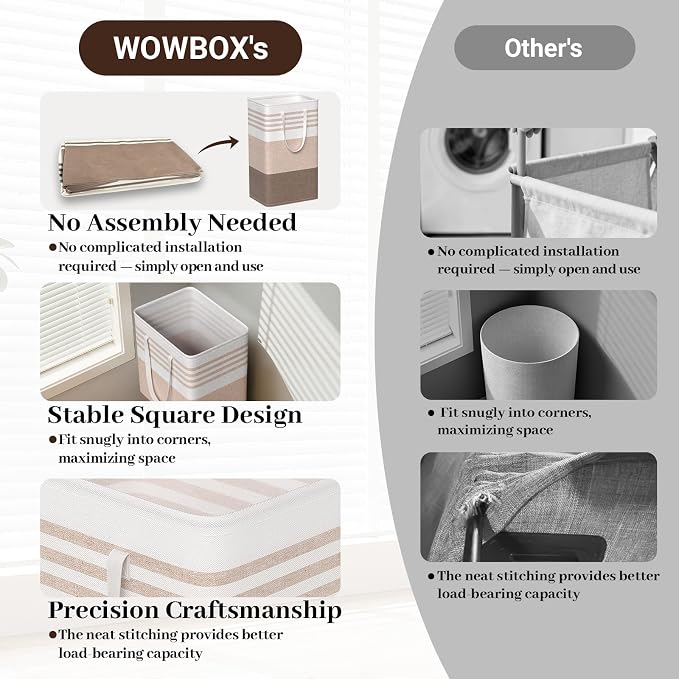 WOWBOX 2 Pack Laundry Baskets, Laundry Hampers, Freestanding Dirty Clothes Hampers with Reinforced Handles & Cross Stitch & Waterproof Coating, for Laundry Bedroom Bathroom Dorm,88L Khaki