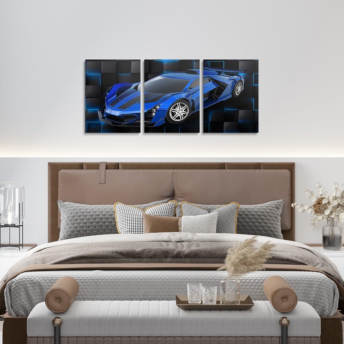 Feelyou Blue Race Car Picture Wall Decor 12"x16" 3 Piece Speed Sports Car Canvas Wall Art Decor Geometric Honeycomb Office Wall Decorations Artwork Posters Extreme Sports Wall Painting