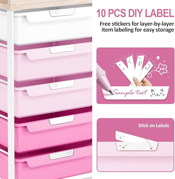 10 Drawers Rolling Cart with Wooden Tabletop, Utility Storage Cart with Wheels, Art Supply Craft Organizer on Wheel with Metal Frame & Handles for Home Office School,Pink