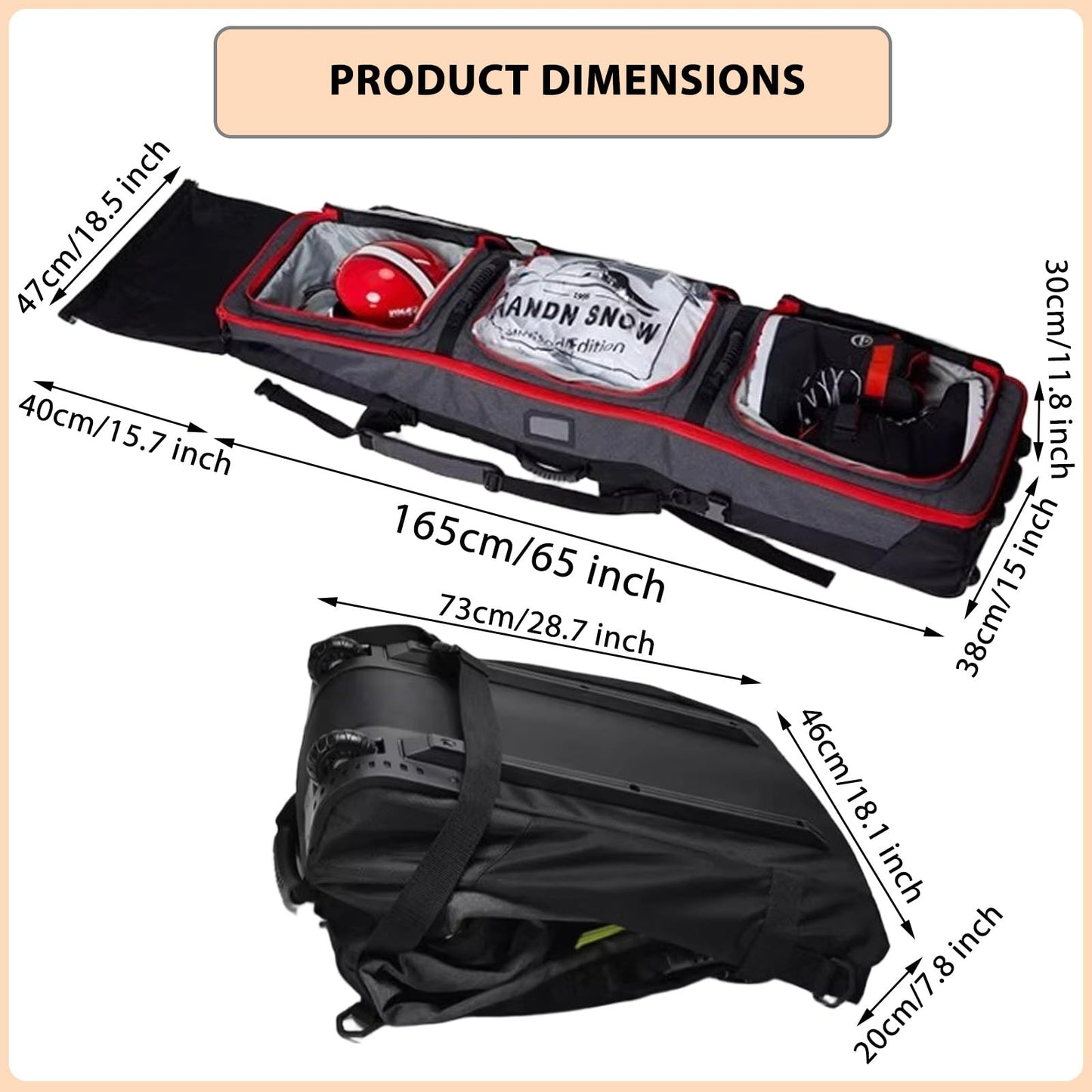 Padded Snowboard Bag with Wheels, Heavy-Duty Wheeled-Ski Travel Bag, Storage Ski Board Boots, Helmet, Jacket for Flying Air Travel, 65 Inch (Extendable to 80.7 Inch),Red