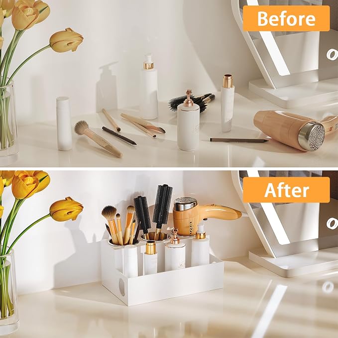 Hair Tool Organizer, White Acrylic Hair Dryer Holder with Insulated Cup, Bathroom Supplies Countertop Blow Dryer Holder, Vanity Caddy Storage Stand for Accessories, Makeup, Toiletries