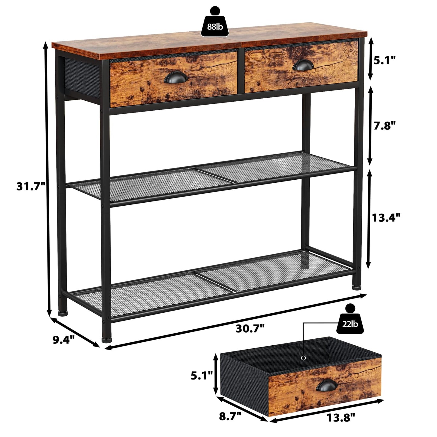 Furologee Console Sofa Table with Storage Shelf for Entry Way, Small 30'' Entryway Table with 2 Fabric Drawers, Industrial Display Shelves for Hallway, Entrance, Foyer, Rustic Brown