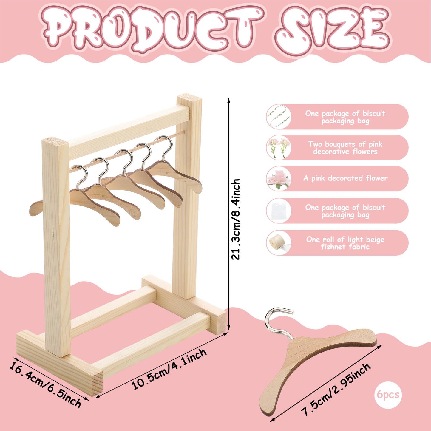 Suclain Mini Wooden Cookie Display Stand for Baby Shower Bridal Shower with 6 Hangers, Solid Wood Cookie Rack with Faux Flowers, Vines, Ribbon and Treat Bags for Wedding Tea Doll Party Dessert (Pink)